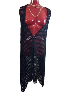 VINTAGE CROCHET KNIT BLACK ST JOHN EVENING -RECTANGLE WOOL BLEND SCARF 30" X 48"